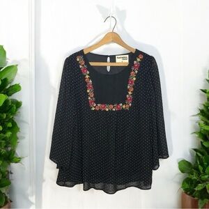 Savanna Jane Boho Embroidered Floral Blouse Black Polka Dot Sheer Bell Sleeve M